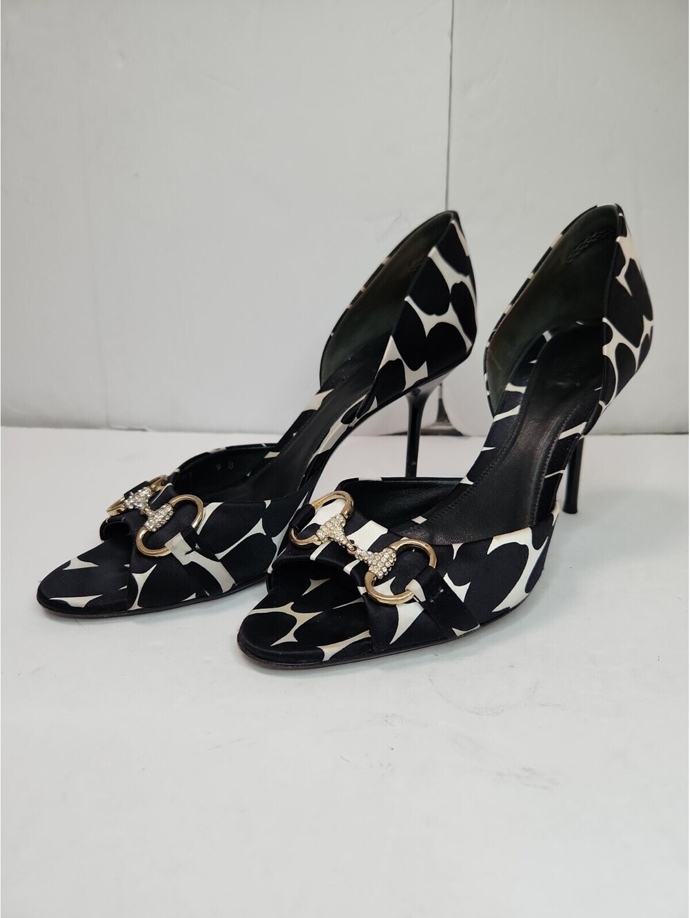 Gucci Satin Horsebit Crystal Stiletto Heels 9 Blk Wht Dot Open Toe $1200 RARE